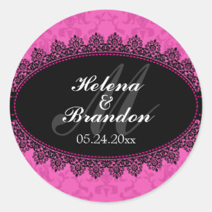 Sticker Rond Elégante dentelle et Damas Monogram Mariage Seals