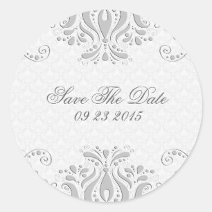 Sticker Rond Elégante dentelle florale gris clair et Damas blan
