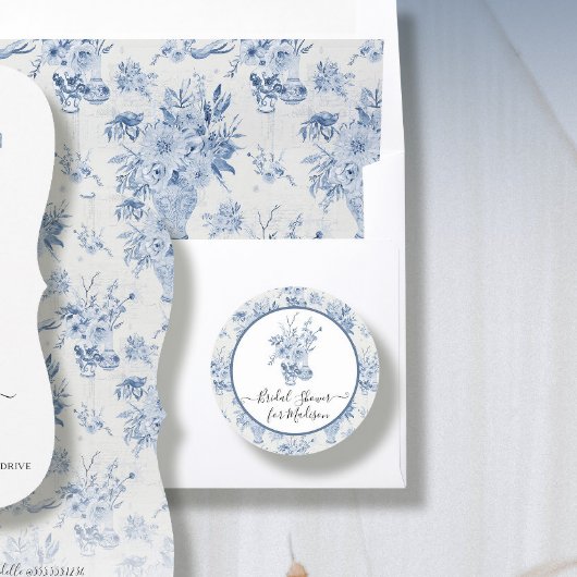 Sticker Rond Élégante douche de mariée florale aquarelle bleu b