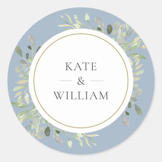 Sticker Rond Elégante Dusty Blue Greenery Mariage Gold Favorise (Devant)