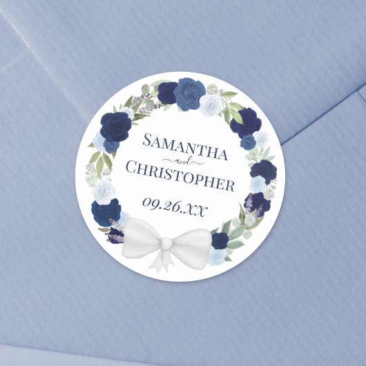 Sticker Rond Elégante Dusty Blue & Navy couronne de Mariage Ros