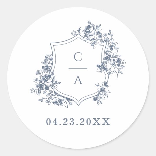 Sticker Rond Élégante enveloppe Rose Bleue Botanique Crest (Devant)