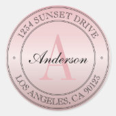 Sticker Rond Elégante Faux Rose Gold Ombre Pink Monogram Adress (Devant)