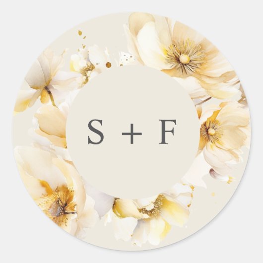Sticker Rond Élégante Fleurs d'or blanc Initiales Mariage (Devant)
