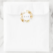 Sticker Rond Élégante Fleurs d'or blanc Initiales Mariage (Sac)