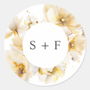 Sticker Rond Élégante Fleurs d'or blanc Initiales Mariage