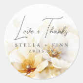 Sticker Rond Elégante Fleurs d'or blanc Mariage Amour + Merci (Devant)