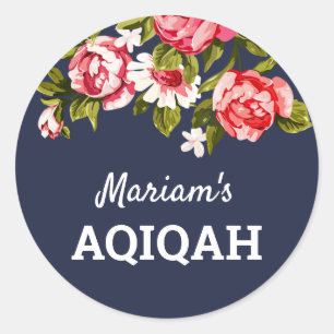 Sticker Rond Élégante Floral Midnight Blue Baby Girl Aqiqah