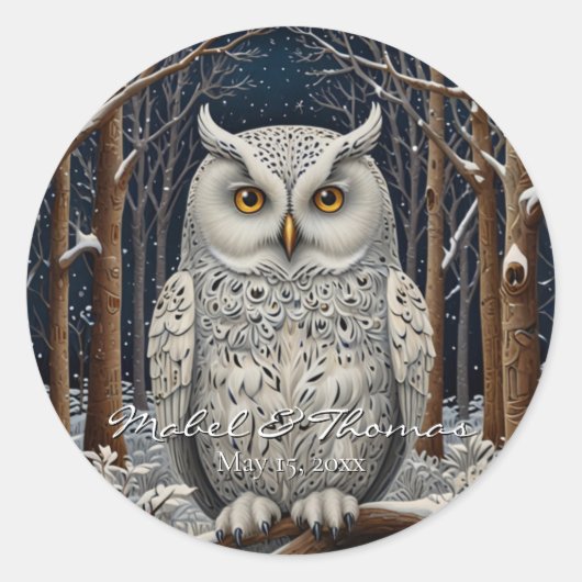 Sticker Rond Élégante forêt d'hiver de chouette blanche boho (Devant)