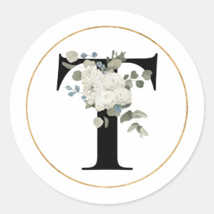 Sticker Rond Élégante lettre de monogramme floral blanc T sur