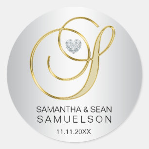 Sticker Rond Élégante lettre d'or d'argent "S" Mariage monogram