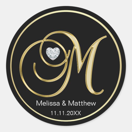 Sticker Rond Élégante lettre M de monogramme d'or noir (Devant)