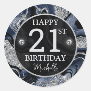 Sticker Rond Elégante Marine Blue & Silver Parties scintillant