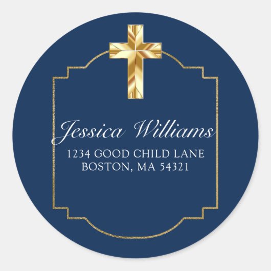 Sticker Rond Elégante Marine Croix Bleue Or 1ère communion (Devant)