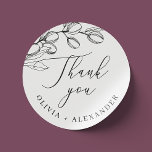 Sticker Rond Elégante olive. Botanique mariage italien merci<br><div class="desc">Sticker en Merci botanique italien délicat noir et blanc avec élégant script et branche d'olivier pour Mariage / Fête d'engagement / Dîner de répétition.</div>