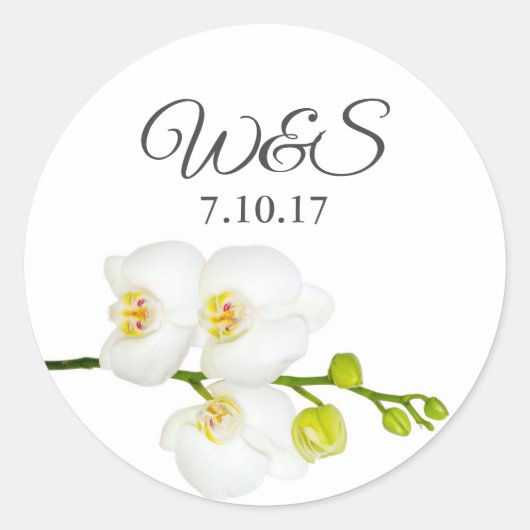 Sticker Rond Elégante Orchidées Blanches Initiales et Date (Devant)