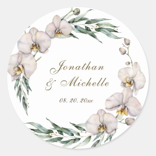 Sticker Rond Elégante Orchidées Blanches Verdure Floral Mariage (Devant)