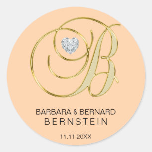 Sticker Rond Élégante Pêche Monogramme Lettre B Coeur Diamant