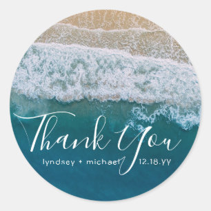 Sticker Rond Elégante plage Bleu Océan Merci Mariage Faveur