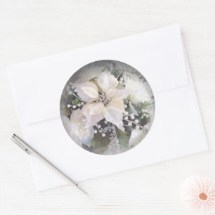 Sticker Rond Élégante Poinsétie de Noël blanc et argent