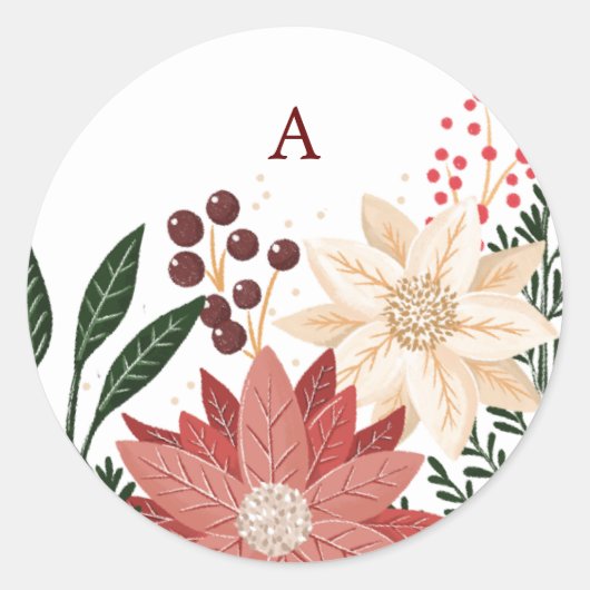 Sticker Rond Elégante Poinsettia Monogramme de Noël Aquarelle (Devant)