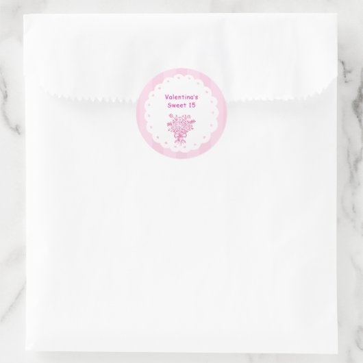 Sticker Rond Elégante Quinceañera Floral Bouquet | Rose et blan (Sac)