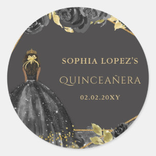 Sticker Rond Elégante Quinceanera Princesse Fleurie Noir Or