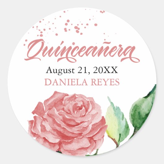 Sticker Rond Elégante Quinceanera Rose Rose Aquarelle Personnal (Devant)