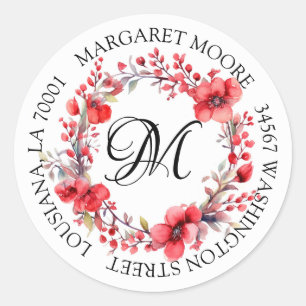 Sticker Rond Élégante Red Floral Script Monogramme Adresse