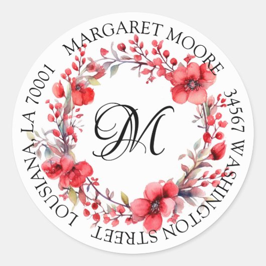 Sticker Rond Élégante Red Floral Script Monogramme Adresse (Devant)