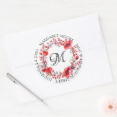 Sticker Rond Élégante Red Floral Script Monogramme Adresse (Enveloppe)