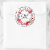 Sticker Rond Élégante Red Floral Script Monogramme Adresse (Sac)