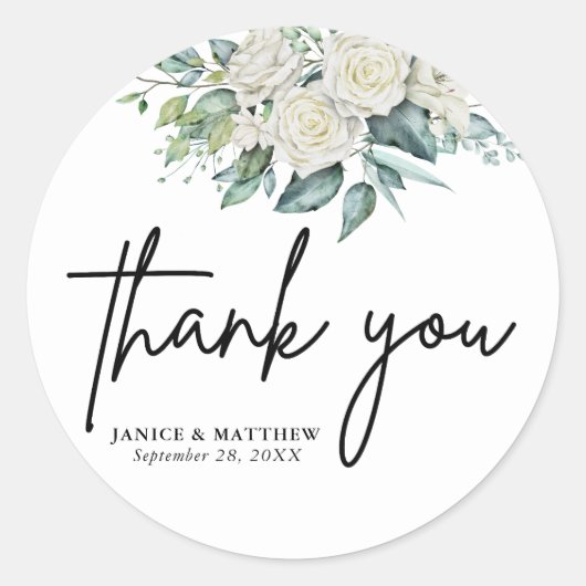 Sticker Rond Élégante Rose blanche verte Mariage Floral (Devant)