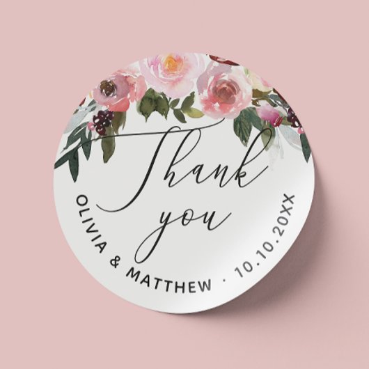 Sticker Rond Élégante rose. Floral script mariage merci