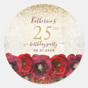 Sticker Rond Élégante Rose rouge Floral Gold 25e fête d'anniver
