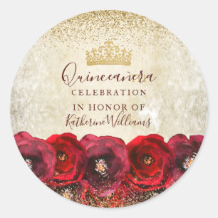 Sticker Rond Élégante Rose Rouge Florale Or Quinceañera