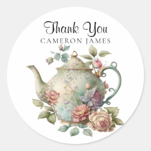 Sticker Rond Elégante Teapot Aquarelle Floral Tea Party