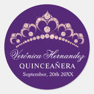 Sticker Rond Elégante Tiara violet espagnol Quinceañera Quince