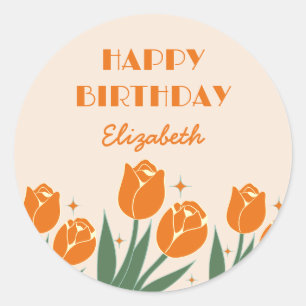 Sticker Rond Elégante Tulipe rétro Floral Orange Anniversaire