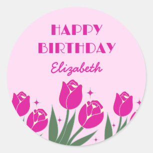 Sticker Rond Elégante Tulipe rétro Floral Rose Anniversaire