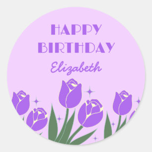 Sticker Rond Elégante Tulipe rétro Floral Violet Anniversaire