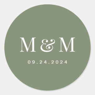 Sticker Rond Élégante Typographie Monogramme Vert Sauge Profond