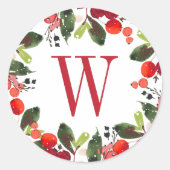 Sticker Rond Élégante Verdure de Noël Rouge Monogramme Wreath (Devant)