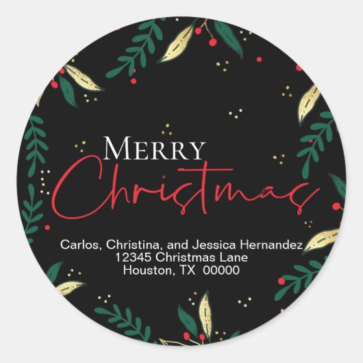 Sticker Rond Élégante verdure rouge or sur Noir Joyeux Noël (Devant)