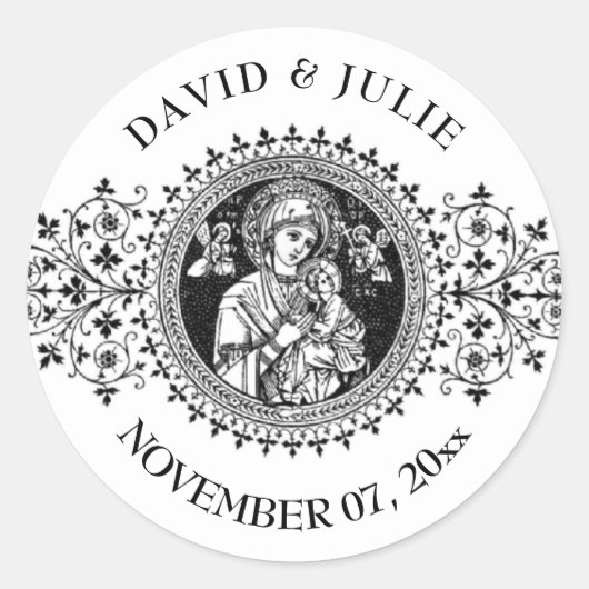 Sticker Rond Élégante Vierge classique Marie Jésus Blanc Noir (Devant)