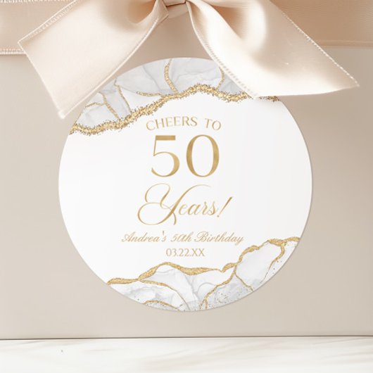 Sticker Rond Elégante White Gold Agate 50e fête d'anniversaire