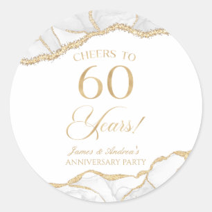 Sticker Rond Elégante White Gold Agate 60e Anniversaire Party