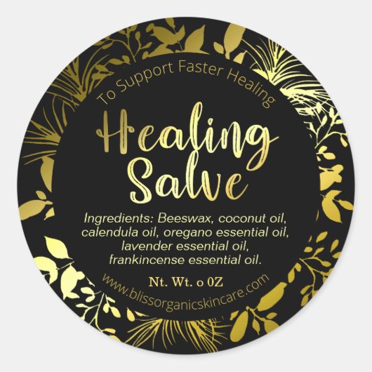 Sticker Rond Élégantes Branches de feuilles d'or Baume de guéri (Devant)