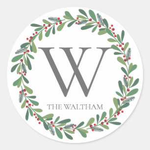 Sticker Rond Élégantes pousses d'hiver Monogramme Noël Fêtes