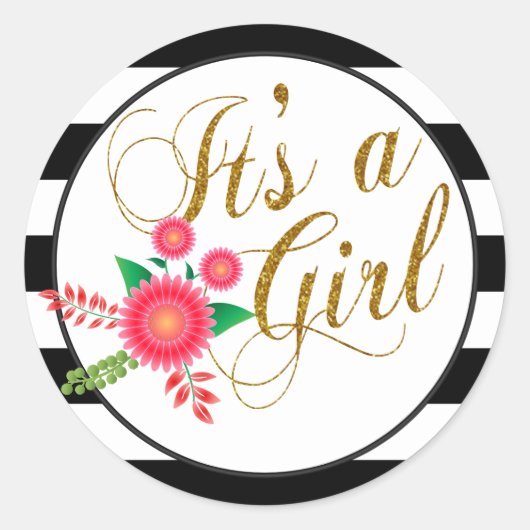 Sticker Rond Élégantes rayures noires et blanches avec fleurs r (Devant)